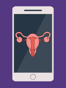 drawing representative of using digital devices to track or learn about periods, pregnancy and other female reproductive concerns