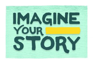 CSLP Imagine your story logo- green text on green background with yellow line