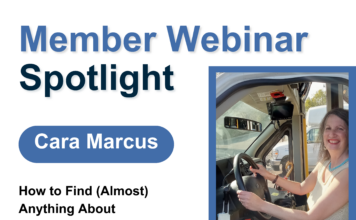 A photo of Cara Marcus in the driver's seat of a bus. Text reads: "Member Webinar Spotlight. Cara Marcus. How to Find (Almost) Anything About Transportation. Tuesday, May 27. 2 - 3 p.m."