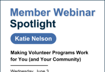 Text reading: "Member Webinar Spotlight. Katie Nelson. Making Volunteer Programs Work for You (and Your Community). Wednesday, June 3, 2 – 3 p.m. Register: bit.ly/MemberWebinarsLineup