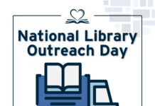 A bookmobile with text reading "National Library Outreach Day. April 10."