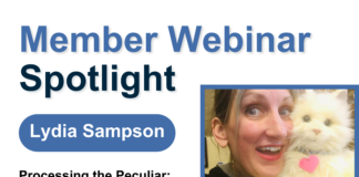 Lydia Sampson holding a stuffed cat and text reading: "Member Webinar Spotlight. Lydia Sampson. Processing the Peculiar: Managing Libraries of Things in Technical Services Wednesday, June 4 10 - 11 a.m."