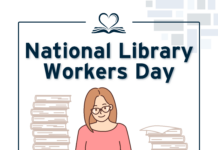 A library worker between book stacks with text reading: "National Library Workers Day. April 9."