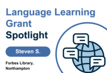 A globe with chat icons and text reading: "Language Learning Grant Spotlight. Steven S. Forbes Library, Northampton Processing & Services Assistant."