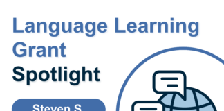 A globe with chat icons and text reading: "Language Learning Grant Spotlight. Steven S. Forbes Library, Northampton Processing & Services Assistant."