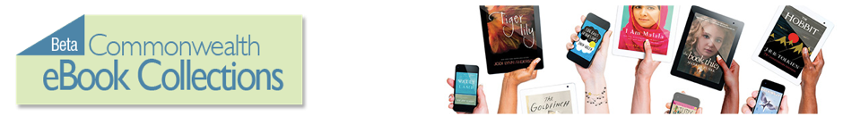 Commonwealth eBook Collections banner image with logo and hands holding up eBook devices