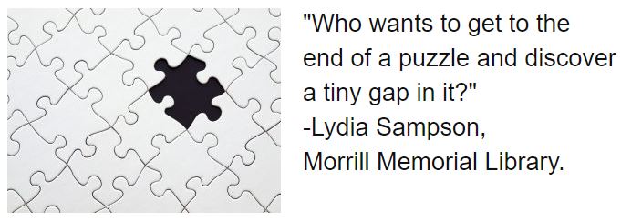 "Who wants to get to the end of a puzzle and discover a tiny gap in it?" -Lydia Sampson, Morrill Memorial Library.