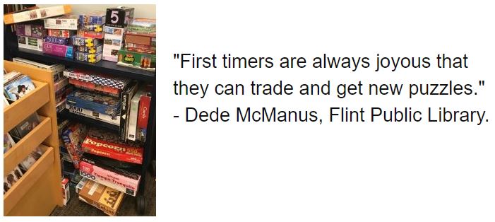 "First timers are always joyous that they can trade and get new puzzles." - Dede McManus, Flint Public Library.