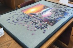 photo of puzzle in progress by Cyndee Marcoux, Ventress Memorial Library, Marshfield
