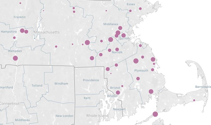scatter map with pins showing all the libraries in MA who reported owning puzzles