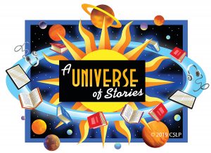 a universe of stories CSLP logo showing planets and books revolving around the sun